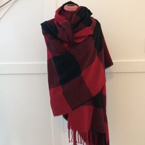 Lord & Taylor Red Plaid Fringe Blanket Scarf Wrap Shawl